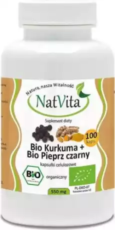 Bio kurkuma Bio pieprz czarny piperyna 550mg 100 kapsułek NatVita Artykuły Spożywcze Produkty dietetyczne Suplementy