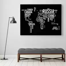 Typograficzna mapa świata obraz designerski wymiary 60cm x 90cm wersja na czarnym tle Dom i ogród