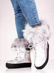 Srebrne śniegowce damskie z futerkiem Shelovet Odzież obuwie dodatki Obuwie damskie Obuwie zimowe