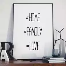 Home love family plakat typograficzny w ramie wymiary 18cm x 24cm wersja białe napisy czarne tło kolor ramki czarn Dom i ogród