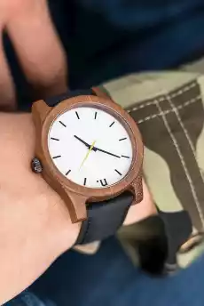 Drewniany zegarek z białą tarczą na czarnym pasku Biżuteria i zegarki Zegarki