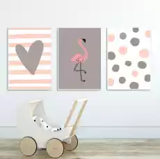 Zestaw plakatów dziecięcych flamingo heart wymiary 20cm x 30cm 3 sztuki kolor ramki biały Dom i ogród