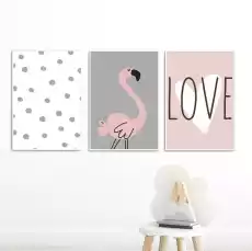 Zestaw plakatów dziecięcych lovely flamingo wymiary 20cm x 30cm 3 sztuki kolor ramki biały Dom i ogród