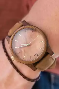 Unikatowy zegarek z drewna z brązową tarczą na skórzanym pasku Biżuteria i zegarki Zegarki