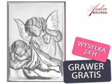 Aniołek z latarenką świecący nad śpiącym dzieciątkiem 1813 obrazek srebrny prezent dla dziecka grawer Biżuteria i zegarki