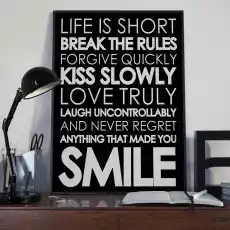 Life is short smile plakat typograficzny wymiary 18cm x 24cm ramka czarna Dom i ogród