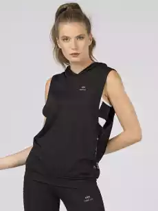 Bluza z kapturem czarny casual sportowy dekolt okrągły bez rękawów Odzież obuwie dodatki Odzież damska Bluzy damskie