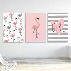 Zestaw plakatów dziecięcych sweet flamingo wymiary 20cm x 30cm 3 sztuki kolor ramki biały Dom i ogród