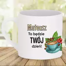 Kubek z własnym nadrukiem Prezent dla kawosza Personalizacja But first coffee Mały kubek na prezent 200 ml Dom i ogród